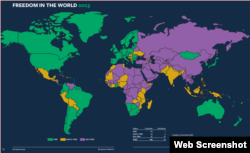 Freedom House ұйымының дүниежүзіндегі еркіндік ахуалы туралы баяндамасындағы карта.